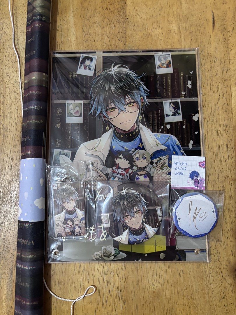 Ike Eveland Birthday Goods 2022 (Category: Other Merchandise) located in Pasig City. Submitted by meowmeow.micha (Listing ID 1463479581, Image 1). Description: includes - signature badge (56mm) - illustration badge (75mm) - acrylic frame keychain - acrylic panel - b2 tapestry * acrylic panel has been put on display * acrylic panel is still contained in its original plastic packaging but the metal parts are dirty * b2 tapestry has been hung in the