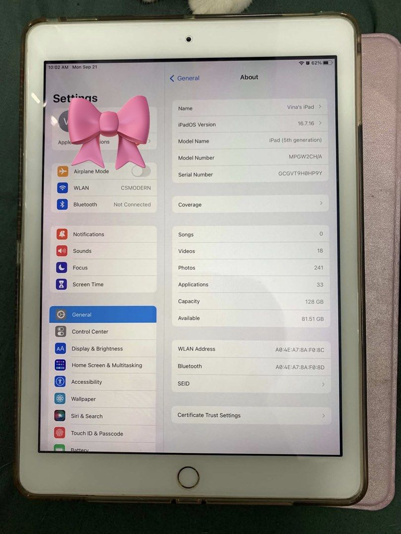 Ipad 5th Gen NEGOTIABLE (Category: iPad) located in Muntinlupa City. Submitted by shop.maze (Listing ID 1463416878, Image 2). Description: 5th gen 128gb With free pink case (shown in pics) Price still negotiable Issues: Dents lang, pero fully functional, no issues sa system RFS: Upgrade Meet up: Pwede around Biñan, Sta. Rosa, Pacita, San Pedro.