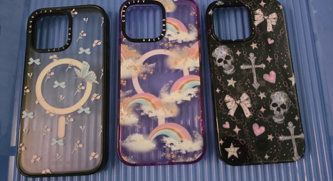 Iphone 16 pro max cases (Category: Cases & Sleeves) located in Makati City. Submitted by bns4acoz (Listing ID 1463502268, Image 3). Description: sold separately; all original, all magsafe casetify butterfly - well used - with box no qr P500 casetify rainbow - almost new - with box no more qr P900 velvet caviar chrome hearts - almost new no box - P700 location.QC no swap.