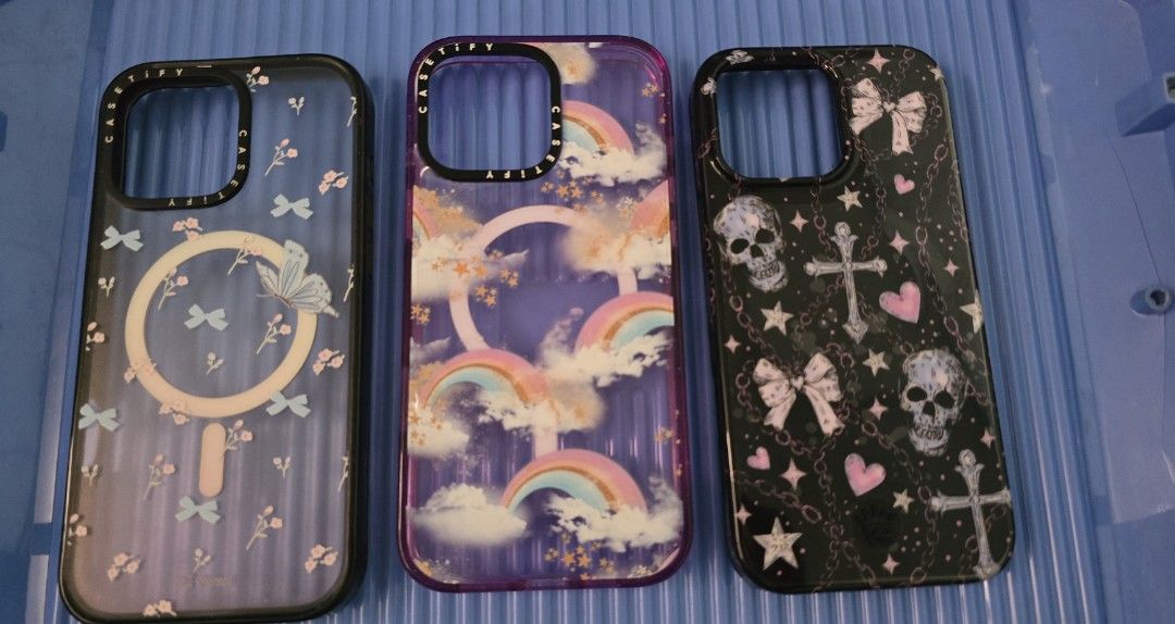 Iphone 16 pro max cases (Category: Cases & Sleeves) located in Makati City. Submitted by bns4acoz (Listing ID 1463502268, Image 2). Description: sold separately; all original, all magsafe casetify butterfly - well used - with box no qr P500 casetify rainbow - almost new - with box no more qr P900 velvet caviar chrome hearts - almost new no box - P700 location.QC no swap.