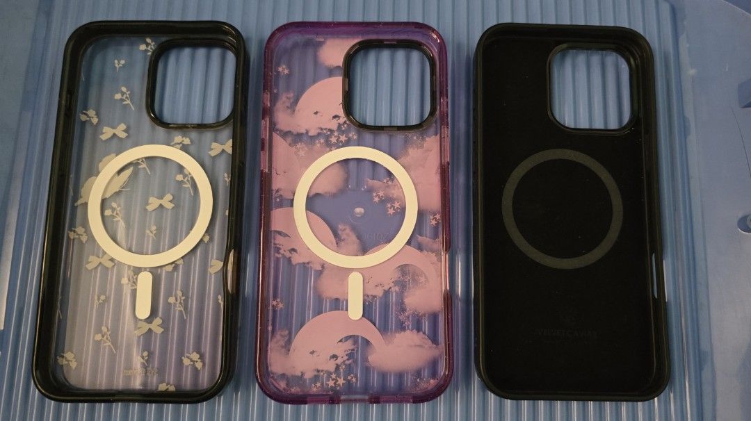 Iphone 16 pro max cases (Category: Cases & Sleeves) located in Makati City. Submitted by bns4acoz (Listing ID 1463502268, Image 1). Description: sold separately; all original, all magsafe casetify butterfly - well used - with box no qr P500 casetify rainbow - almost new - with box no more qr P900 velvet caviar chrome hearts - almost new no box - P700 location.QC no swap.