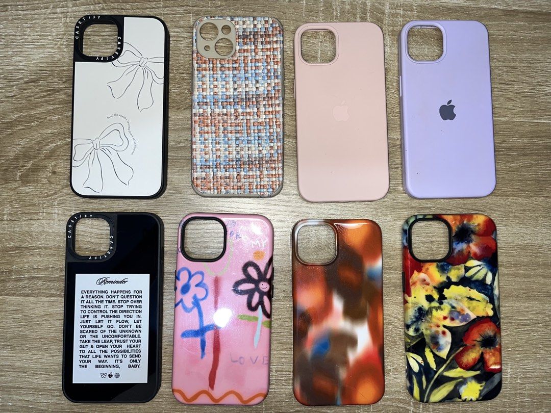 iPhone Cases ASSORTED | iP 13/14 (Category: Cases & Sleeves) located in Manila. Submitted by thvgb (Listing ID 1463498915, Image 1). Description: adrienne lenker pc ! - 120 - few scratches bc of use - back is glossy - orig price: 200 silicone : baby pink and purple - 70 ea - orig price: 99 / 96 pink graffiti pc - 100 - orig price: 150 - back is glossy casetify bow pc - 120 - orig price: 160 casetify black pc - 120 - orig price: 150 colored leopar