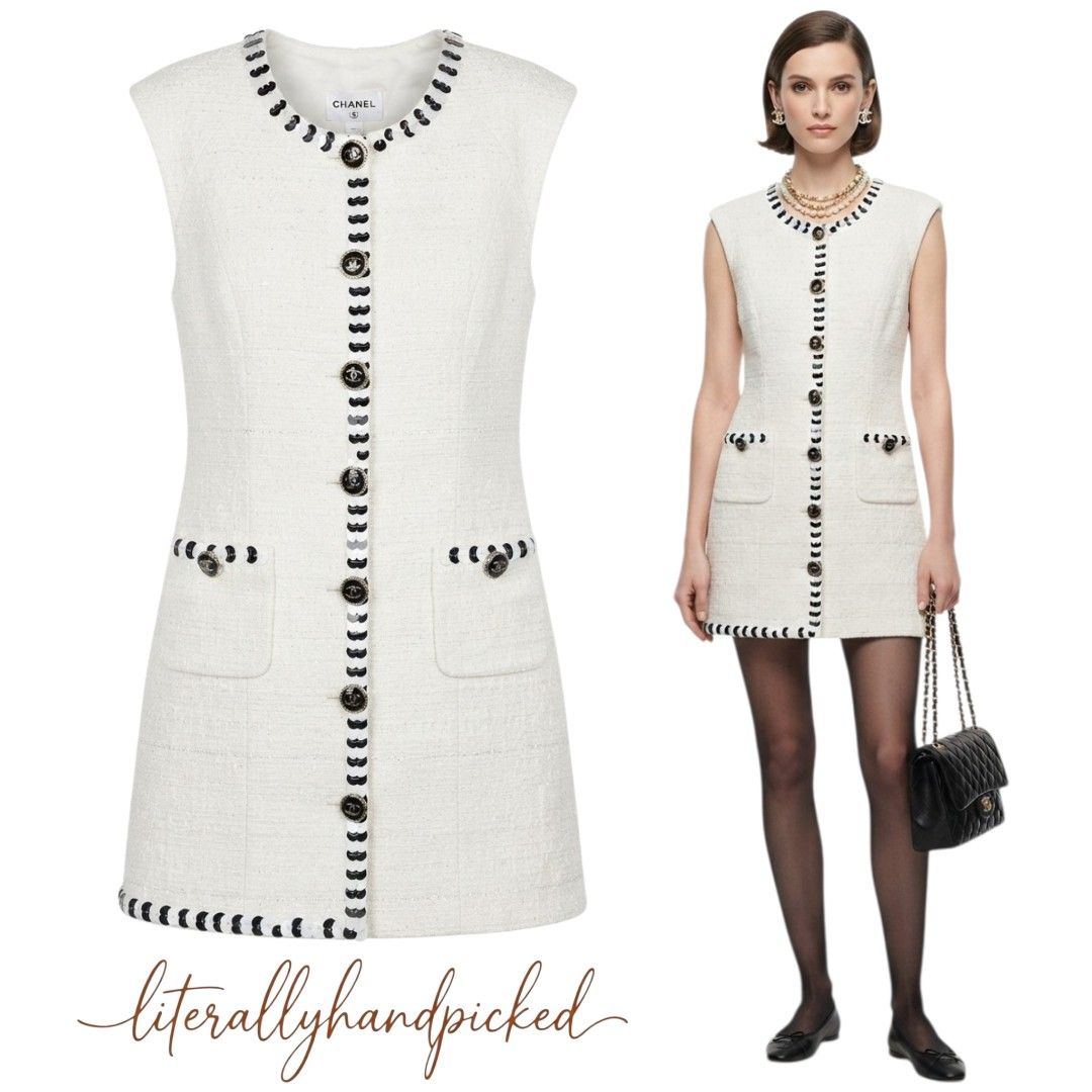 Ivory Tweed CC Button-Front Mini Dress (Category: Dresses) located in Tarlac. Submitted by literallyhandpicked (Listing ID 1463369089, Image 1). Description: •Literally Handpicked for you❤️ •Direct Message if Interested 💌 •Please feel free to make an offer🤝 Bust size 34" Waistline 32" Dress Lenght 31" Please note that there may be slight errors as measurements are taken with the item laid / in very good condition, but as it is a used item, ther