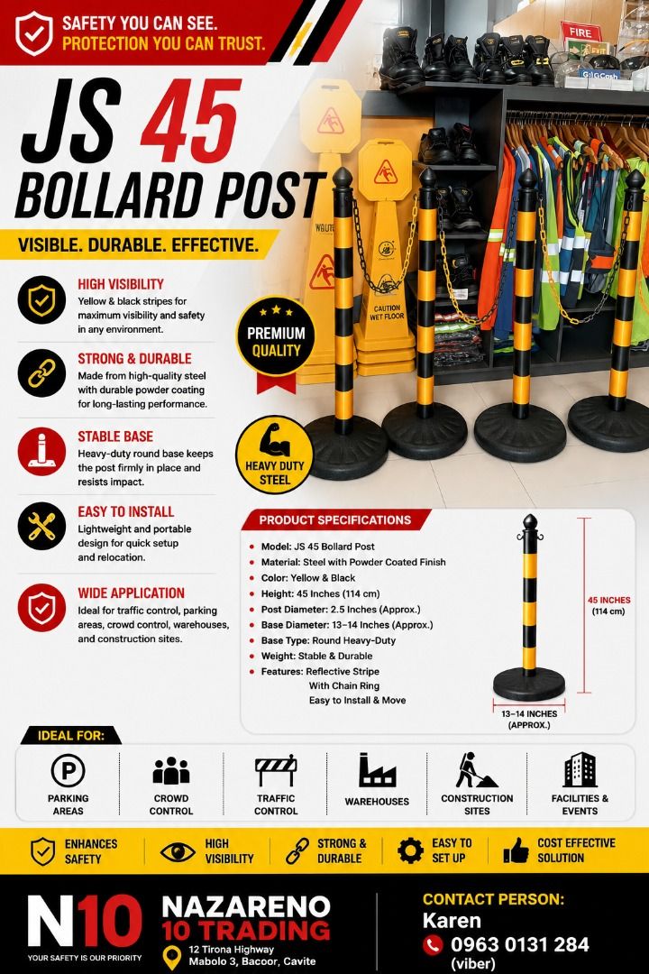 JS45 BOLLARD POST (Category: Looking For) located in Bacoor. Submitted by kajezame.2021 (Listing ID 1463411482, Image 1). Description: JS45 BOLLARD POST For More Details and Discount Contact Ms. Karen NAZARENO 10 TRADING 0963 0131 284 0933 6283 420 0956 7028 557 0933 8559 510 Landline: Look for Ms. Karen (046 ) 416 3920 Also available: · Traffic cone · Parking Block stopper · Hooded trash bin · Road Plastic Barrier · Spill boom · Fishing buoy · S