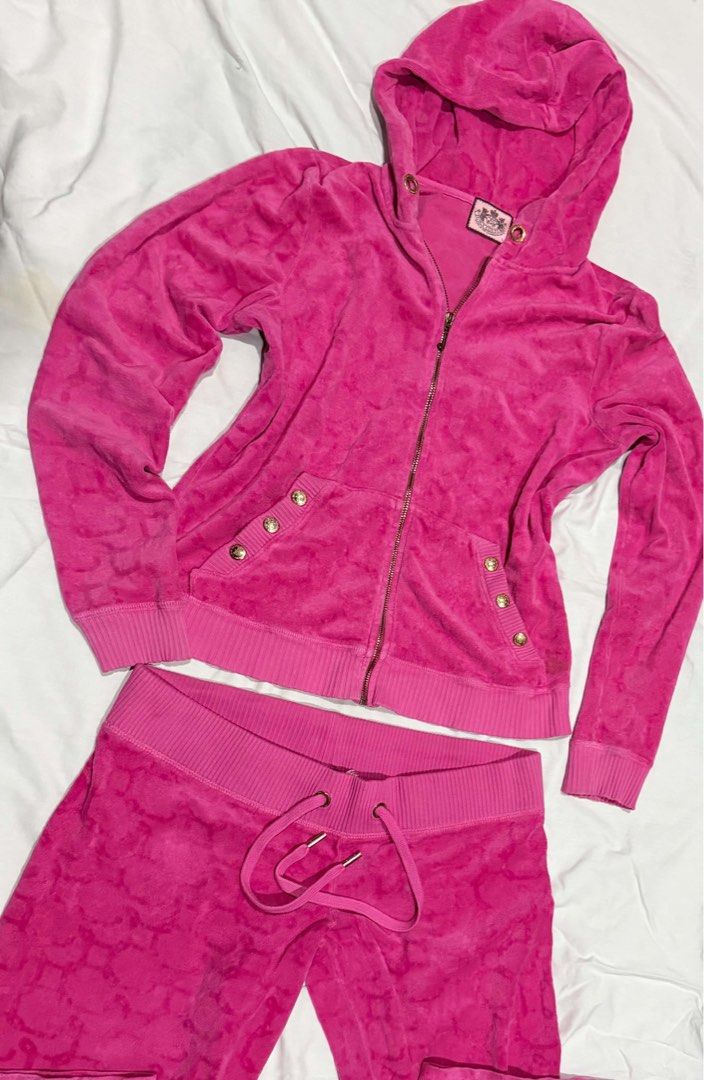 Juicy Couture Velour Tracksuit Set (Category: Sets or Coordinates) located in Taguig. Submitted by aksela (Listing ID 1463506040, Image 3). Description: AUTHENTIC Juicy Couture Iconic Hot Pink Velour Tracksuit -SLIGHTLY NEGO - Zip-up hoodie with gold button pocket details (Issue: wala na yung drawstring ng hoodie) - Matching flare pants with drawstring waist - Classic Y2K piece - Split size: TOP: Large BOTTOM: Medium SEE LAST PICTURE FOR MY MEASU