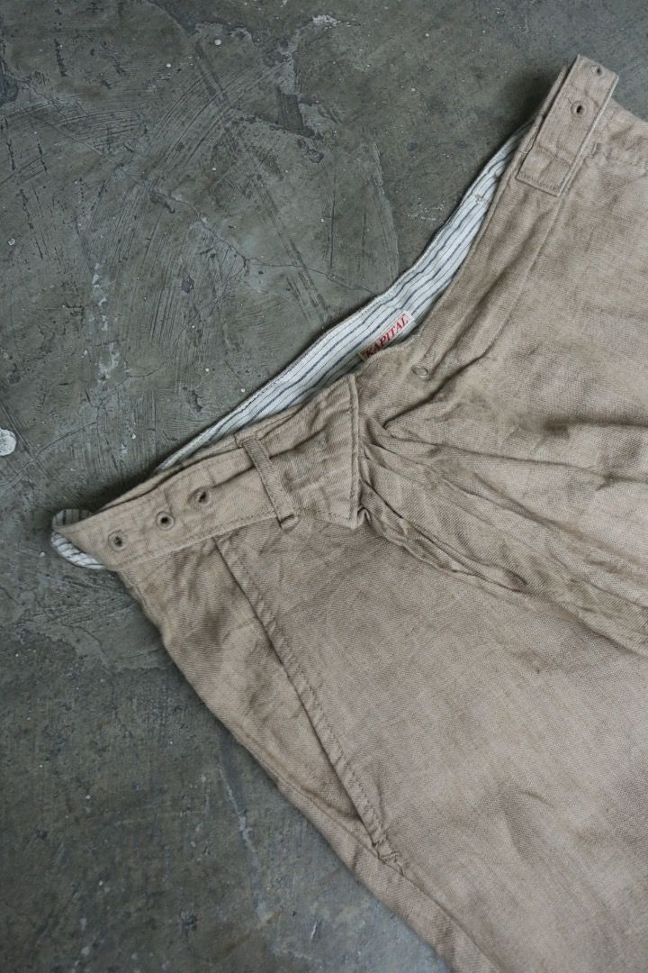 Kapital - Gurkha Pants (Category: Chinos) located in Manila. Submitted by graymatter_ (Listing ID 1463442151, Image 3). Description: Kapital - Gurkha Pants Tagged Size: 1 Condition: 9/10 Material: 100% Linen Made in: Japan Dimensions Waist: 31 Inseam: 21.5 Crotch: 22.5 Leg Opening: 6 .