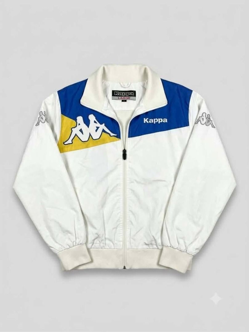 Kappa Track Jacket White Blue Yellow Logo (Category: Coats, Jackets and Outerwear) located in Caloocan City. Submitted by silverdragon_aaed38 (Listing ID 1463489869, Image 1). Description: KAPPA - SIZE LARGE ON TAG ( FIT TO SMALL ONLY ) - DIMES ( W19.5 / L24.5 ) - COLOR RATE: 10 - NO ISSUE / NEED WASH ONLY 350 +SF .