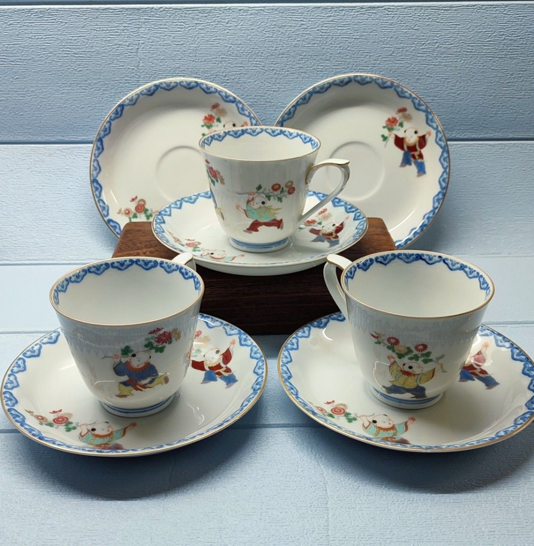 Karako Prints Tea cup and saucer (Category: Coffee & Tea Tableware) located in Mandaluyong City. Submitted by lalahhome (Listing ID 1463403380, Image 1). Description: 3 duos Karako Boys print teacup and saucer plus 2 free saucers No chips cracks or crazing.