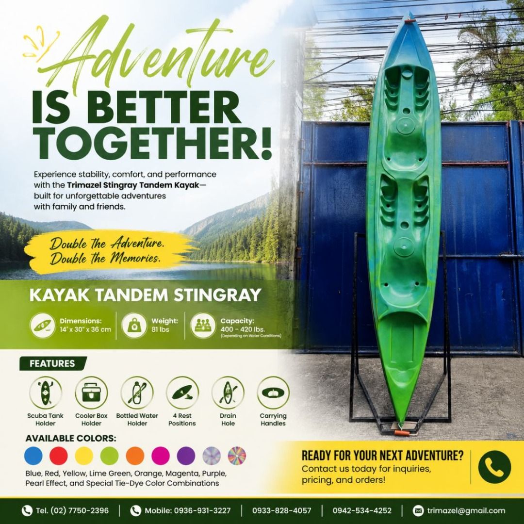 KAYAK TANDEM STINGTAY (Category: Looking For) located in Caloocan City. Submitted by trzl_liza14 (Listing ID 1463345341, Image 1). Description: ✅ Guaranteed lowest price ✅ Quality products ✅ Big discount for bulk orders ✅ 100% LEGIT TRUSTED SUPPLIER! ✅ With Complete Legal Documents ✅ BIR Registered We Supply All Kinds Of PPE Supplies, Raincoat, Hard Hat, Cooler Box, Plastic Trash Bin, Road Barriers, Kayak Boats, Crystal Kayak, Traffic Cone, T-Bol