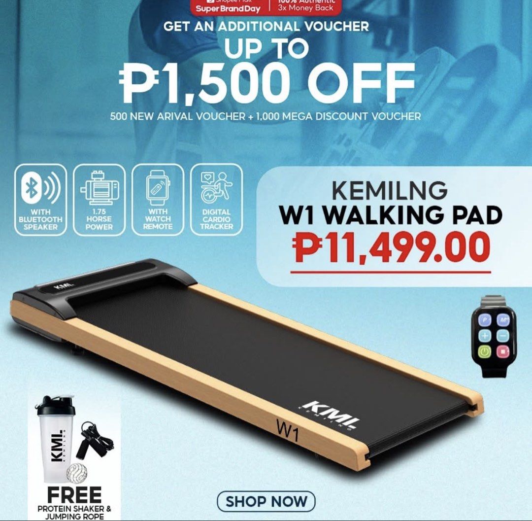 Kemilng W1 Walking Pad (Category: Cardio & Fitness Machines) located in Manila. Submitted by whoisshea (Listing ID 1463380799, Image 3). Description: selling my electric walking pad i bought online last year. still works well, only few scratches. orig price @ 11k. size: 123 x 54 cm includes: wire plug watch for power and control of the walking pad speed rfs: di na nagagamit, it just takes up space.