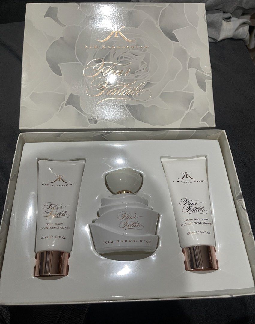 Kim Kardashian Fleur Fatale Perfume Gift Set (Category: Fragrance & Deodorants) located in Manila. Submitted by lvjc.20 (Listing ID 1463339712, Image 1). Description: - Bought in Dubai - Kim Kardashian Fleur Fatale Gift Set - Includes: Eau de Parfum spray (100ml), Body Lotion (100ml), Body Wash (100ml) - All items are full-sized - Ideal for gifting or personal indulgence - Selling as a complete set.