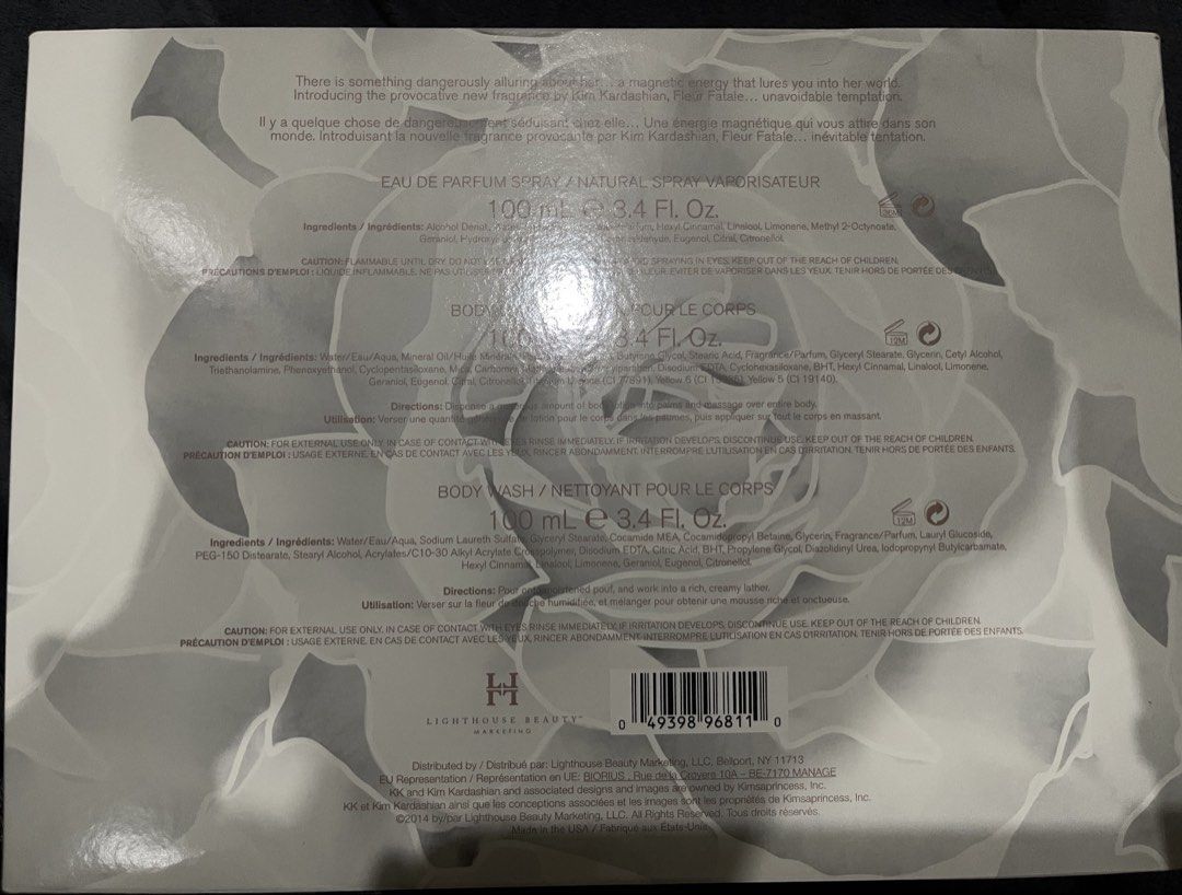 Kim Kardashian Fleur Fatale Perfume Gift Set (Category: Fragrance & Deodorants) located in Manila. Submitted by lvjc.20 (Listing ID 1463339712, Image 3). Description: - Bought in Dubai - Kim Kardashian Fleur Fatale Gift Set - Includes: Eau de Parfum spray (100ml), Body Lotion (100ml), Body Wash (100ml) - All items are full-sized - Ideal for gifting or personal indulgence - Selling as a complete set.