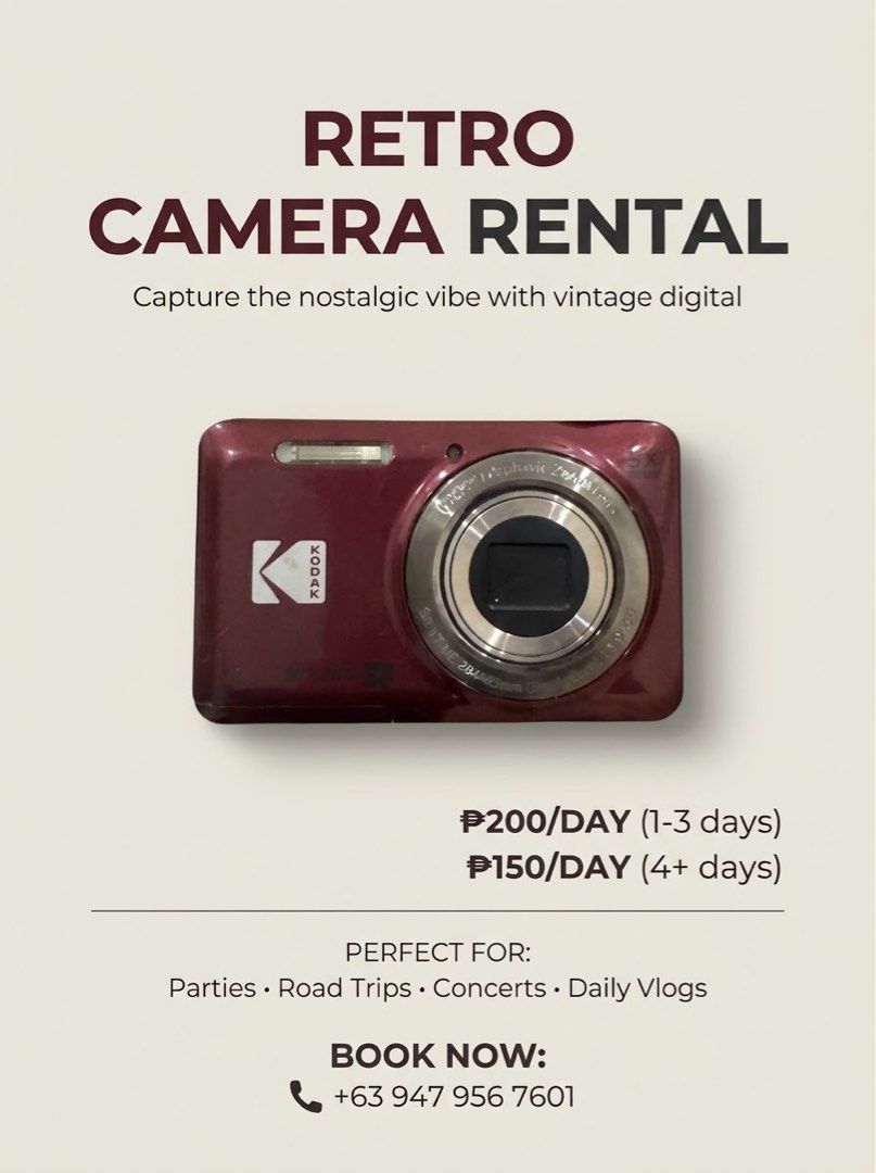 Kodak Fz55 for Rent (Category: Cameras) located in Manila. Submitted by beb777 (Listing ID 1463502170, Image 1). Description: 📸 RETRO CAMERA RENTAL 📸 Capture the nostalgia! 🎞️✨ Add that perfect vintage touch to your parties, road trips, concerts, and daily vlogs with this Red Kodak Point-and-Shoot digital camera! 🎒❤️ Our rental includes EVERYTHING you need to start shooting immediately! 📍 AFFORDABLE RATES: 💸 ₱200/day for 1 to 3 days 💸 ₱150