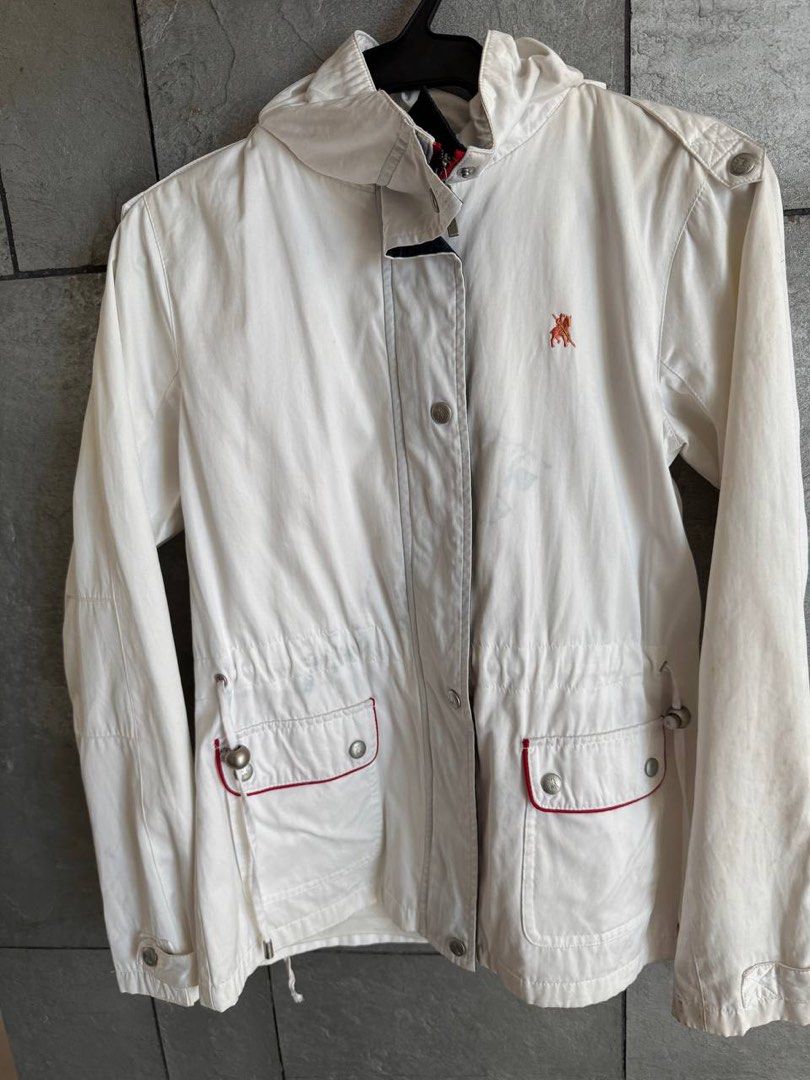 La Jaca White Hooded Jacket with Red Trim (Category: Coats, Jackets and Outerwear) located in Taguig. Submitted by anxmz (Listing ID 1463402393, Image 1). Description: - White hooded jacket from - Size 38 - Adjustable drawstring waist for a personalized fit - Two front pockets with stylish red trim detail - Some light stains on the front as pictured - Ideal for everyday casual wear.