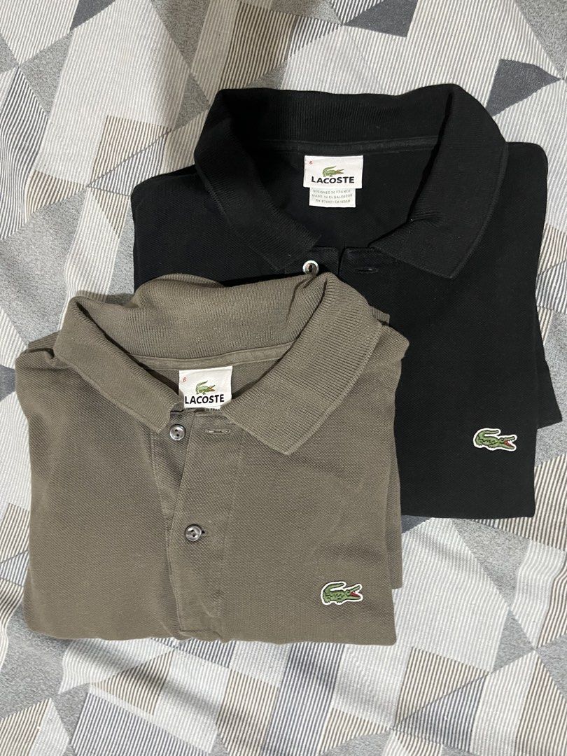 Lacoste Polo Shirts (Black & Khaki) (Category: Tshirts & Polo Shirts ) located in Quezon City. Submitted by arshypre (Listing ID 1463452823, Image 1). Description: - Two Lacoste polo shirts - Colors: Black and Khaki/Olive Green - Size: 6 (both shirts) - Features iconic crocodile logo - Great for casual or smart-casual outfits - 8.5/10 color rate - 799 each take both for 1499.