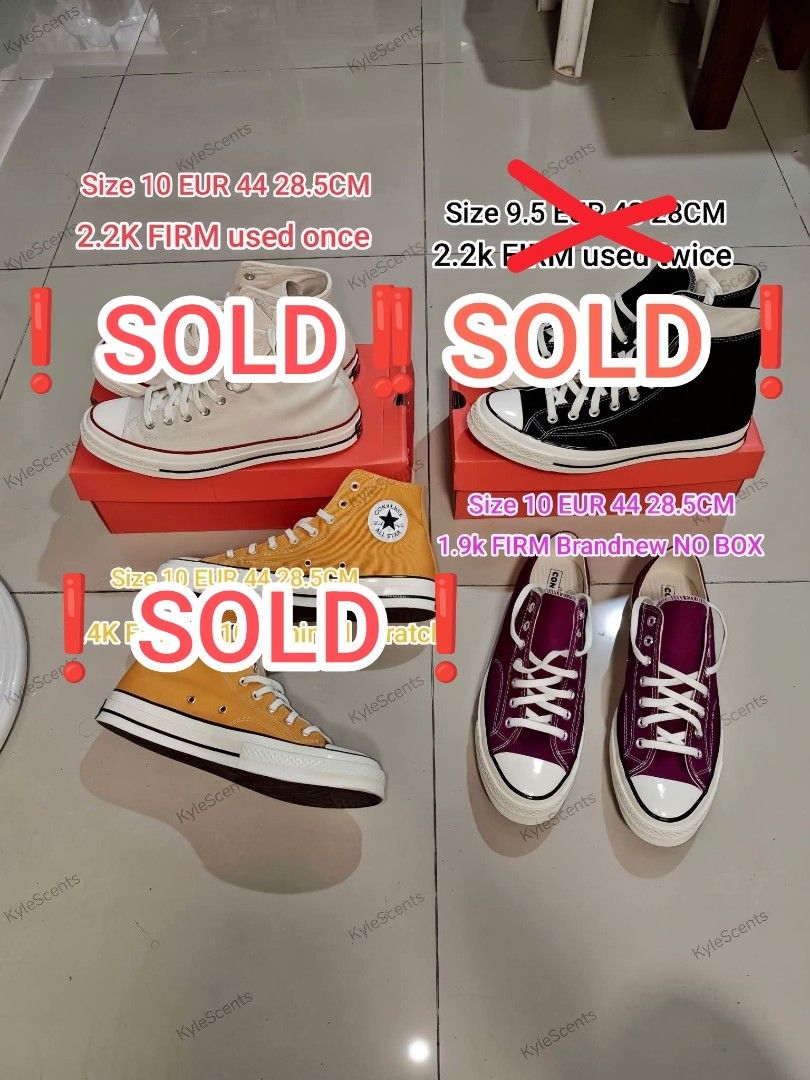 Last Pair Converse Chuck 70 Frozen Acai Low (Category: Casual Shoes) located in Manila. Submitted by kylescloset01 (Listing ID 1461089736, Image 1). Description: ❗SOLD❗2,200 used once Chuck 70 Parchment Hi Size 10 ❗SOLD❗2,200 used twice Chuck 70 Black Hi Size 9.5 1,900 Brandnew No BOX Chuck 70 Frozen Acai Size 10 ❗SOLD❗1,400 9/10 minimal scratch Chuck 70 Sunflower hi Size 10 📍Las Pinas Sm Southmall & Lrt 1 Stations/Mrt Stations.