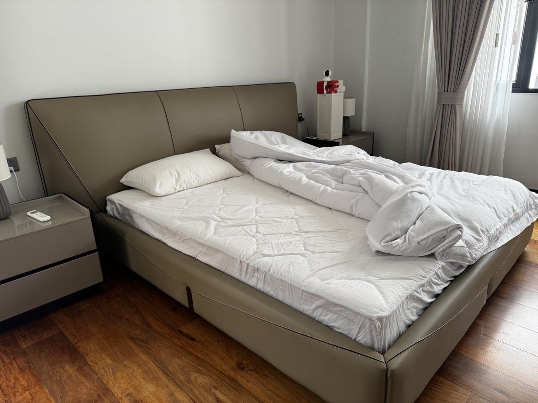 Leather bed frame and bed mattress set (Category: Bed Frames & Mattresses) located in Manila. Submitted by berieltan (Listing ID 1463519898, Image 2). Description: Real leather and almost brand new Rfs: converting to play room.