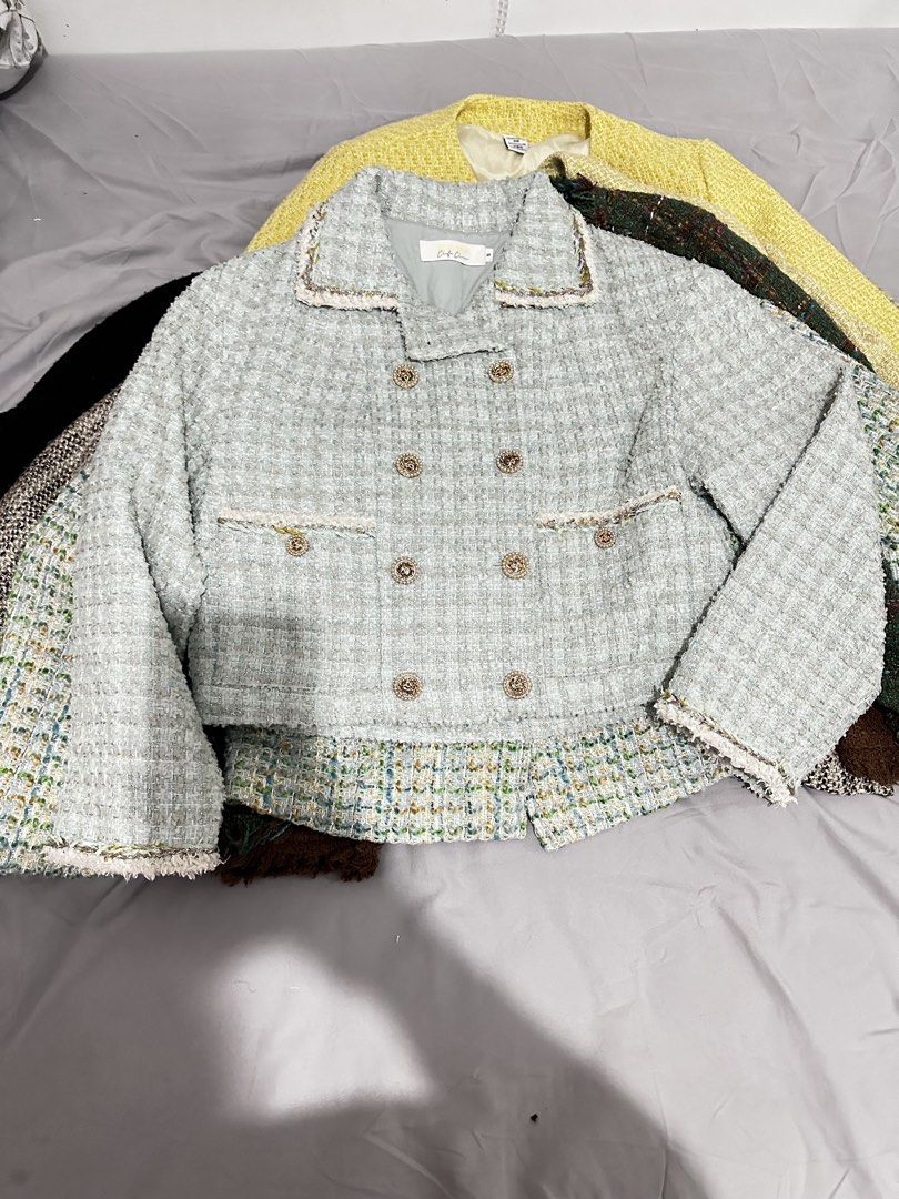 Mint Green Tweed Double-Breasted Cropped Jacket (Category: Coats, Jackets and Outerwear) located in Manila. Submitted by everythingsale101 (Listing ID 1463478748, Image 1). Description: - Mint green tweed fabric - Gold button details - Double-breasted design - Cropped fit - Frayed trim on collar, pockets, and hem - Versatile for dressing up or down Best fit Large up to 40 bust -Premium Tweed Blazers bundle available. 1500 for 3 pcs..