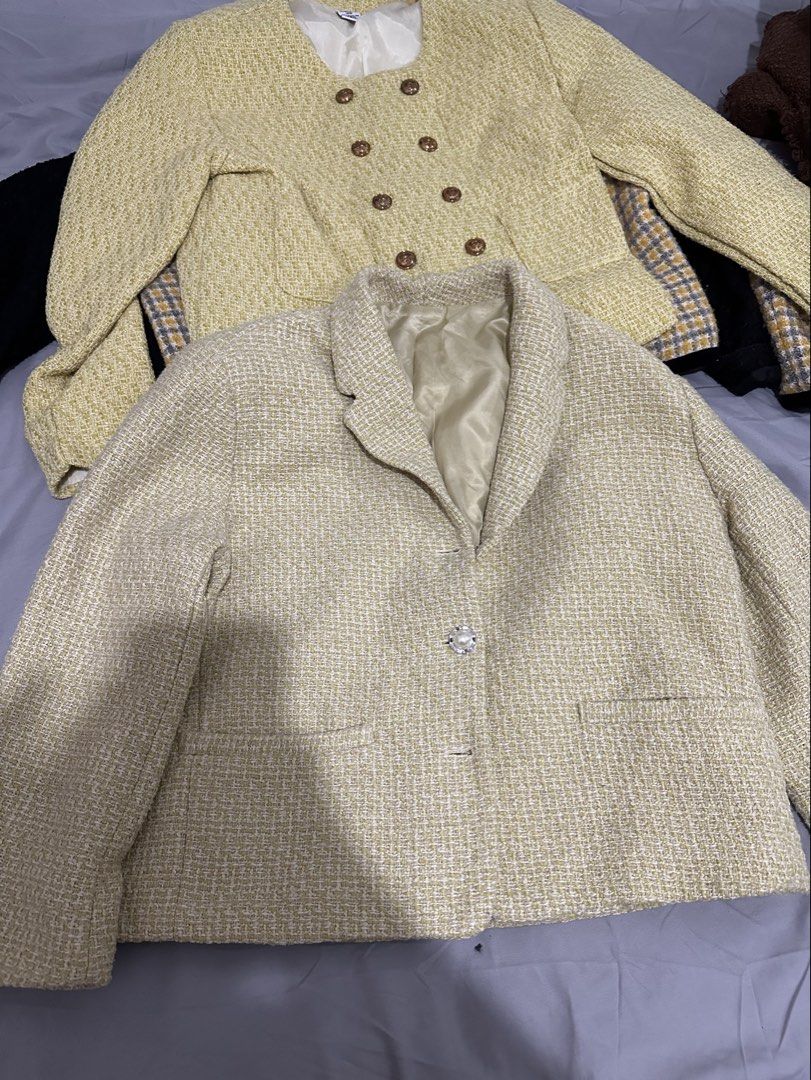 Light Yellow Tweed Cropped Blazer - Chic Outerwear (Category: Coats, Jackets and Outerwear) located in Manila. Submitted by everythingsale101 (Listing ID 1463482673, Image 3). Description: - Light yellow tweed cropped blazer. - features elegant pearl button closure (missing 2 buttons hence selling low; willing to provide free replacement buttons - pls remind me or request) - Soft yellow jacket with button details. - Ideal for layering over dresse