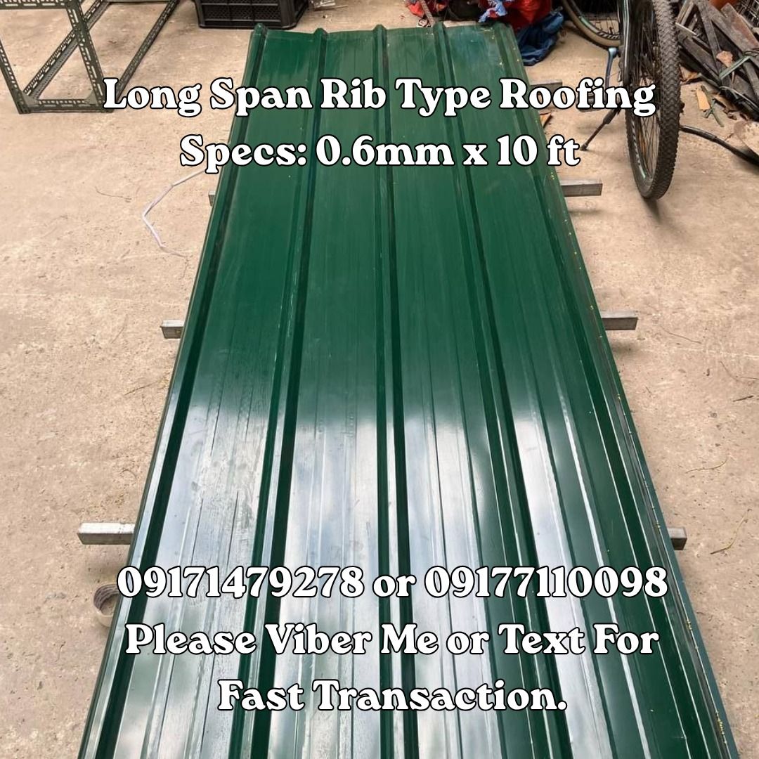 Long Span Rib Type Roofing Specs: 0.6mm x 10 ft (Category: Everything Else Others) located in Manila. Submitted by 09171479278_elsie. (Listing ID 1463372849, Image 1). Description: Long Span Rib Type Roofing Specs: 0.6mm x 10 ft.