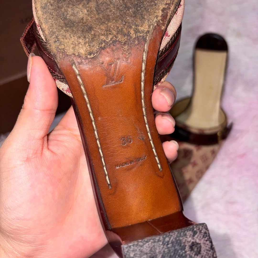 louis vuitton mini lin mules (Category: Sandals) located in Marikina City. Submitted by ___peaxch (Listing ID 1463537282, Image 3). Description: classic/vintage Louis Vuitton Monogram canvas —size: 36 —condition: slightly worn, still in good condition, with box —repriced, slightly negotiable actual item is shown in the photos. .