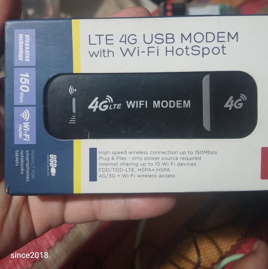 LTE 4G USB MODEM WITH WIFI HOTSPOT (Category: Other Gadgets) located in Quezon City. Submitted by sellingwithlove2018 (Listing ID 1463334843, Image 1). Description: - LTE 4G USB Modem with Wi-Fi Hotspot functionality - High-speed wireless connection up to 150Mbps - Plug & Play: Only power source required, - no disk installation needed - Internet sharing for up to 10 Wi-Fi devices - Supports FDD/TDD-LTE, WCDMA/HSPA+ networks - Compatible with smar