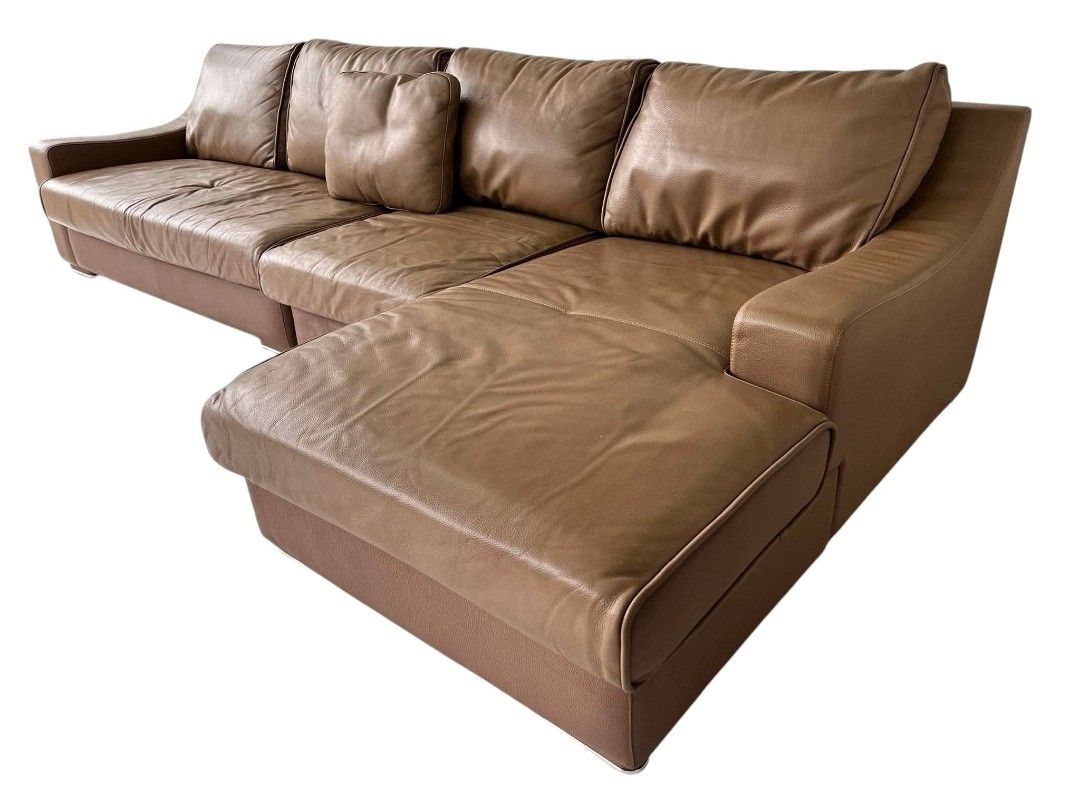 L-TYPE GERMAN LEATHER SOFA (Category: Sofas) located in Mexico. Submitted by mgracejapansurplus (Listing ID 1463410234, Image 3). Description: NEW ARRIVAL🔥 JAPAN SURPLUS 🇯🇵 L-TYPE GERMAN LEATHER SOFA ✔️Big size, warm caramel-brown full leather ✔️Modern L-shape with right-side chaise ✔️Dimensions: L128" × W63" × H32" | Seat: 113"×46" × H16" ✔️Condition: Good — minor scratches only -- ⚠️ NO DP • NO RESERVATION Priority goes to those who can pay 