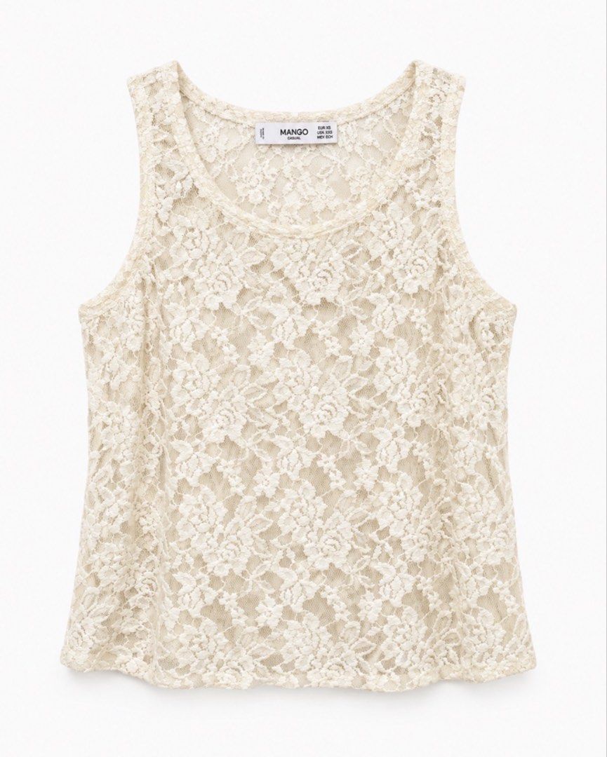Mango Lace Tank Top Cream -XS (Category: Sleeveless) located in Manila. Submitted by goodthingspreloved.92 (Listing ID 1463392806, Image 1). Description: - stretchy (feels like a small) - Perfect for layering or wearing as a standalone piece - Easily dressed up or down for any occasion ; resort wear.