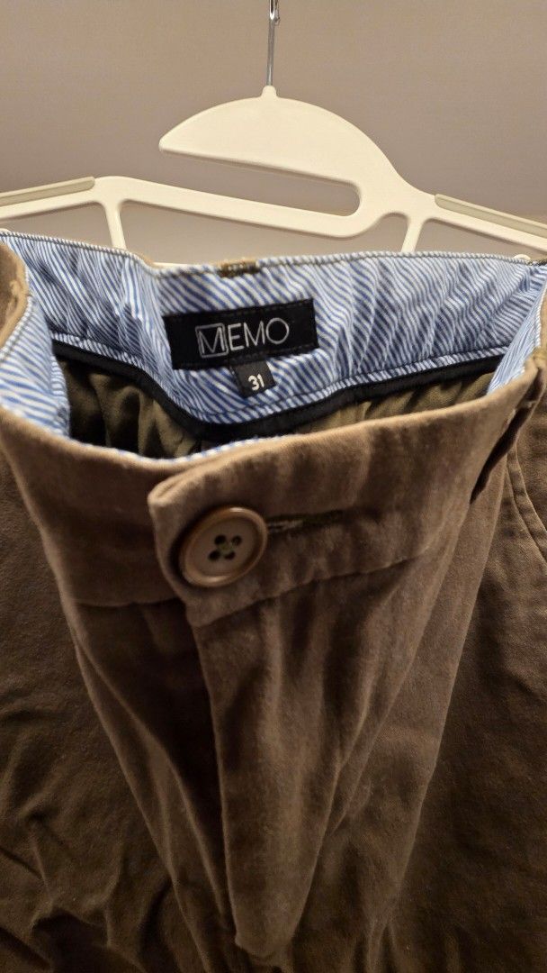 MEMO Moss/Olive Green Chinos Size 31 (Category: Chinos) located in Mandaluyong City. Submitted by loijiminigo (Listing ID 1463456255, Image 2). Description: - Brand: MEMO - Color: Brown - Size: 31 - Closure: Button fly - Pockets: Two front, two back - Detail: Subtle embroidered logo on left pocket - Style: Casual wear.