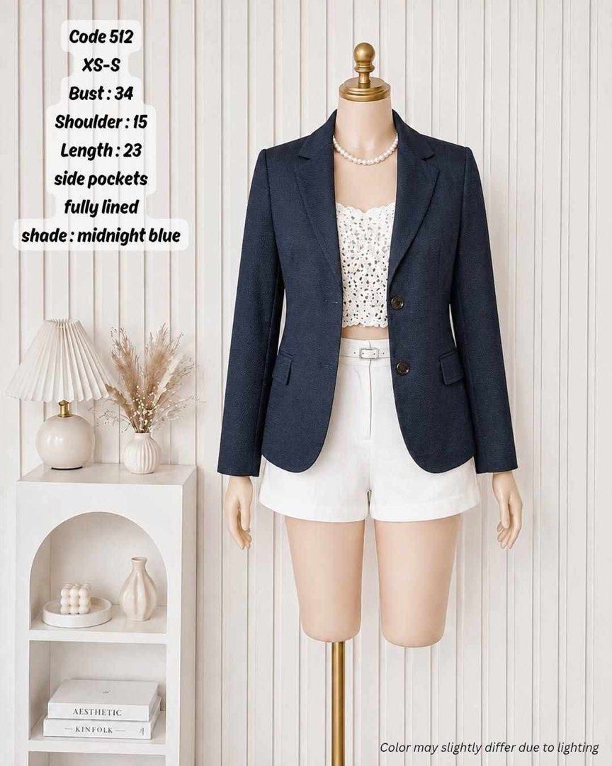 Midnight Blue Fully Lined Blazer XS-S (Category: Coats, Jackets and Outerwear) located in Caloocan City. Submitted by twinkle.shopph (Listing ID 1463492143, Image 1). Description: - Midnight blue blazer - Fully lined - Side pockets - Measurements: Bust 34, Shoulder 15, Length 23 - Fits XS-S - Versatile: dress up or down ℹ️ bought in online store, super good quality! RFS: I just don’t feel the fit for me 💸Payment first via Gcash or bank transfer 