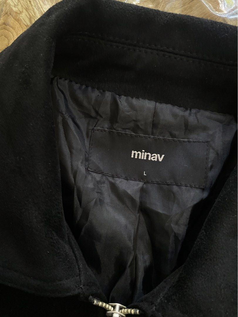 Minav Black Suede Leather Jacket (Category: Coats, Jackets and Outerwear) located in Davao. Submitted by workmensph (Listing ID 1463530555, Image 3). Description: Size Large 22” x 25.5” Excellent Condition.