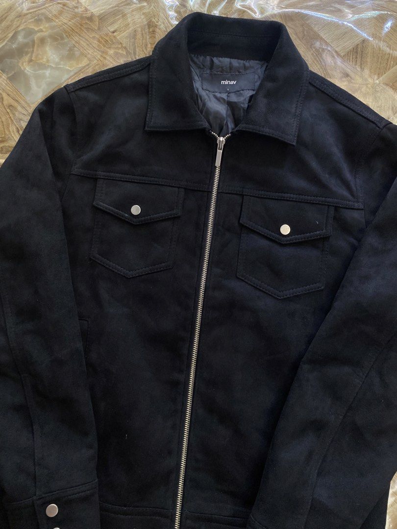 Minav Black Suede Leather Jacket (Category: Coats, Jackets and Outerwear) located in Davao. Submitted by workmensph (Listing ID 1463530555, Image 2). Description: Size Large 22” x 25.5” Excellent Condition.