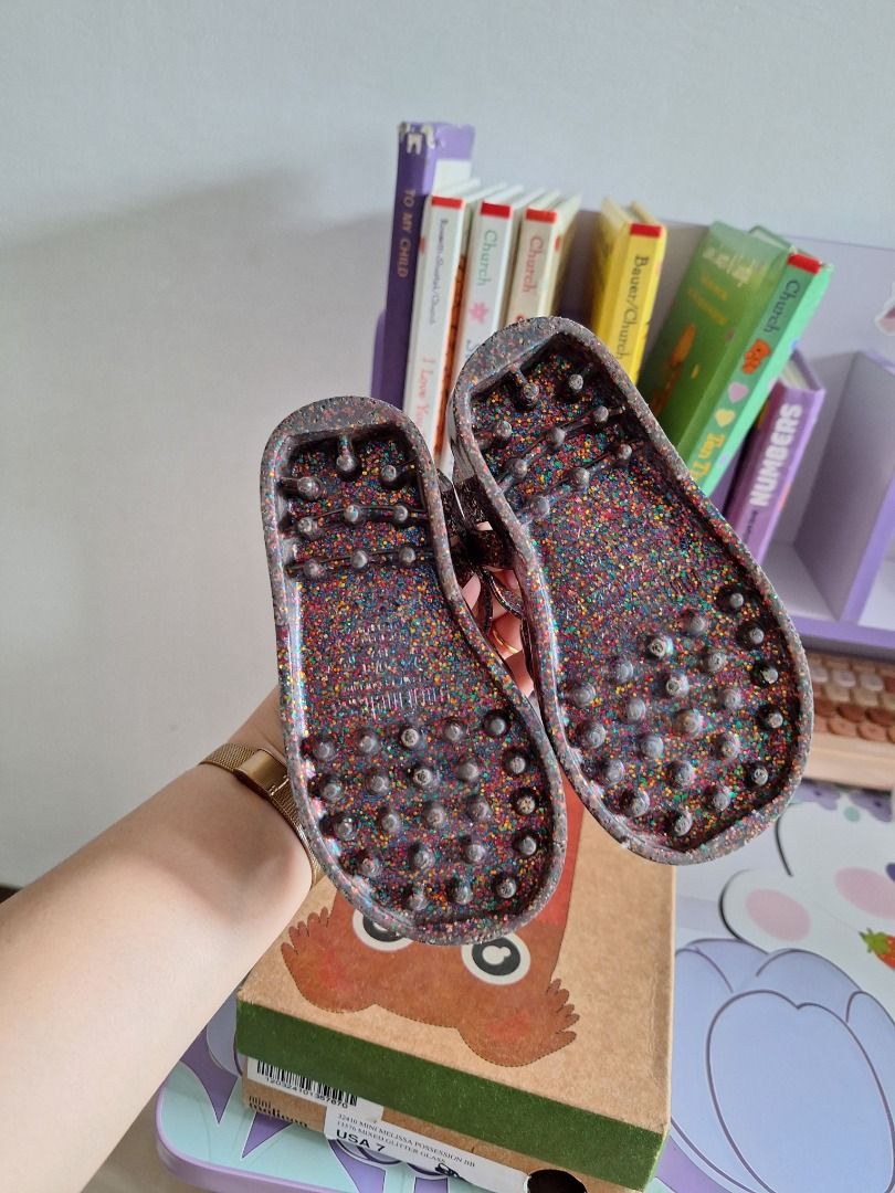 Mini Melissa Glitter Jelly Sandals USA 7 (Category: Babies & Kids Fashion) located in Manila. Submitted by aehnne (Listing ID 1463348814, Image 3). Description: Mini Mel Possession size 7 (used a few times) 1000 Havaianas Disney size 8c (used a few times) 350 Old Navy soft sole baby shoe (6-12 mos) 150 Pitter Pat velcro shoes size 21 (used once) 500 White Eyelet soft sole shoe (6-12mos) 150 Sf shouldered by buyer J&T Delivery Kalibo, Aklan.