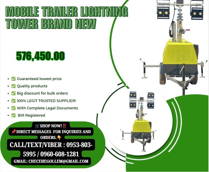 Mobile Trailer Lightning tower brand new (Category: Home Improvement Tools & Accessories) located in Caloocan City. Submitted by cosmicstar_f9d177 (Listing ID 1463370589, Image 1). Description: 📌 Trailer hand lifting mobile lightning tower the light tower with Changchai diesel engine, with 4*400W LED lamps 📌 Total length : 1280mm 📌 Total width : 1130mm 📌 Total height : 2700mm 📌 Height of mast sections : 7m 📌 Tire and rim size : 13 📌 Weight
