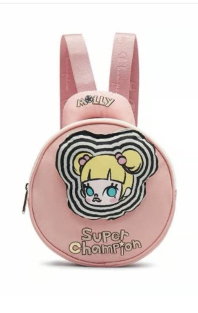 Molly x Champion Pink Round Backpack Bag (Category: Backpacks) located in Quezon City. Submitted by bido01 (Listing ID 1463519257, Image 1). Description: -Champion × pop mart super champion molly hoop rolling bag pink color (need wash) -Adorable pink round backpack featuring Molly character graphic. - Collaboration between Molly and Champion. - Adjustable pink straps with prominent Champion branding. - Secure zipper closure for easy access. - Int