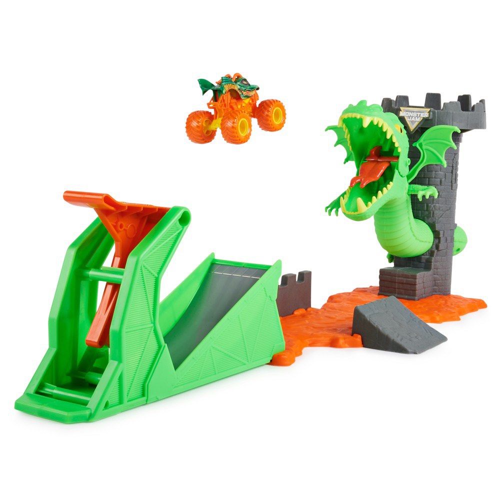 Monster Jam Dueling Dragon Monster Truck Playset (Category: Action & Battle Toys) located in Paranaque City. Submitted by kids_league_ph (Listing ID 1463332421, Image 3). Description: ✔️Brand new ✔️Guaranteed Original Monster Jam Trucks ✔️Collectible Items ✔️Mint packaging (actual photo posted) ✔️Great gift for any occasions ✔️On hand items Product features: • Defeat the Dragon: Slam the launcher to send your truck over the lava, aiming for the c