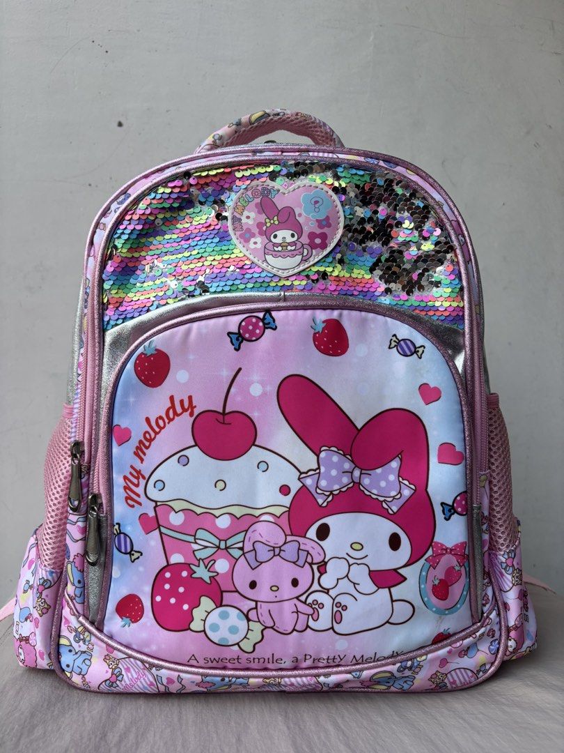 My Melody Sequin & Strawberry Print Backpack (Category: Backpacks) located in Manila. Submitted by dgzmnmariaeunice (Listing ID 1463436625, Image 1). Description: - Adorable My Melody design - Sparkly sequin details on the top flap - All-over strawberry and candy print - Convenient mesh side pockets - Comfortable padded shoulder straps - Spacious interior for essentials - Ideal for school or everyday adventures.