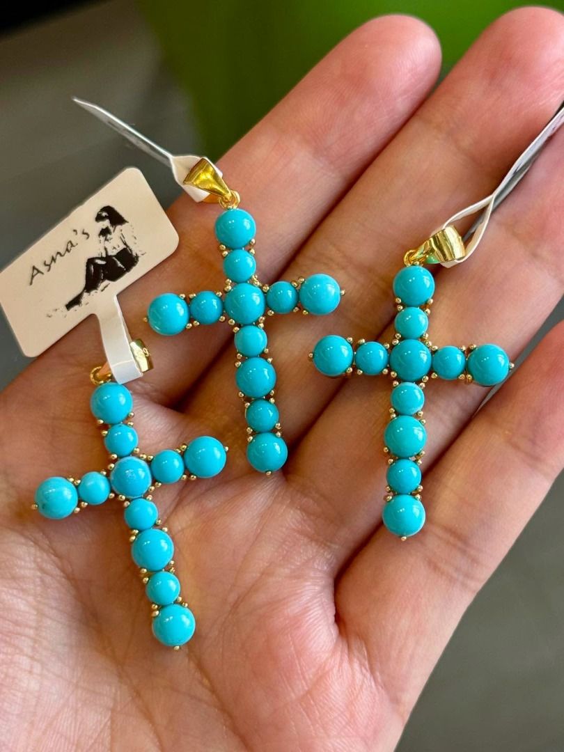 NATURAL TURQUOISE CROSS PENDANT (Category: Body Jewelry) located in Baguio. Submitted by asna_taku (Listing ID 1463401380, Image 1). Description: ✨ NATURAL TURQUOISE CROSS PENDANT 💙✝️ A beautiful statement cross featuring natural turquoise beads in a vibrant blue tone, finished in a silver setting plated in gold for that elegant look. Perfect for adding a meaningful yet stylish touch to any outfit. ✨ 💙 Natural Turquoise ✝️ Cross pendant design 
