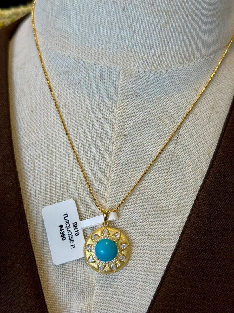 NATURAL TURQUOISE PENDANT (Category: Body Jewelry) located in Baguio. Submitted by asna_taku (Listing ID 1463402230, Image 1). Description: 💙 NATURAL TURQUOISE PENDANT ✨ Last piece! 🥹💙 A beautiful natural turquoise pendant finished in silver plated in gold. An eye catching piece that adds a lovely pop of turquoise to any outfit. ✨ 💙 Natural Turquoise ✨ Silver plated in gold 🆕 Brand new ₱4,380 🔗 Silver Plated in Gold Chain 🆕 Brand new | 18”
