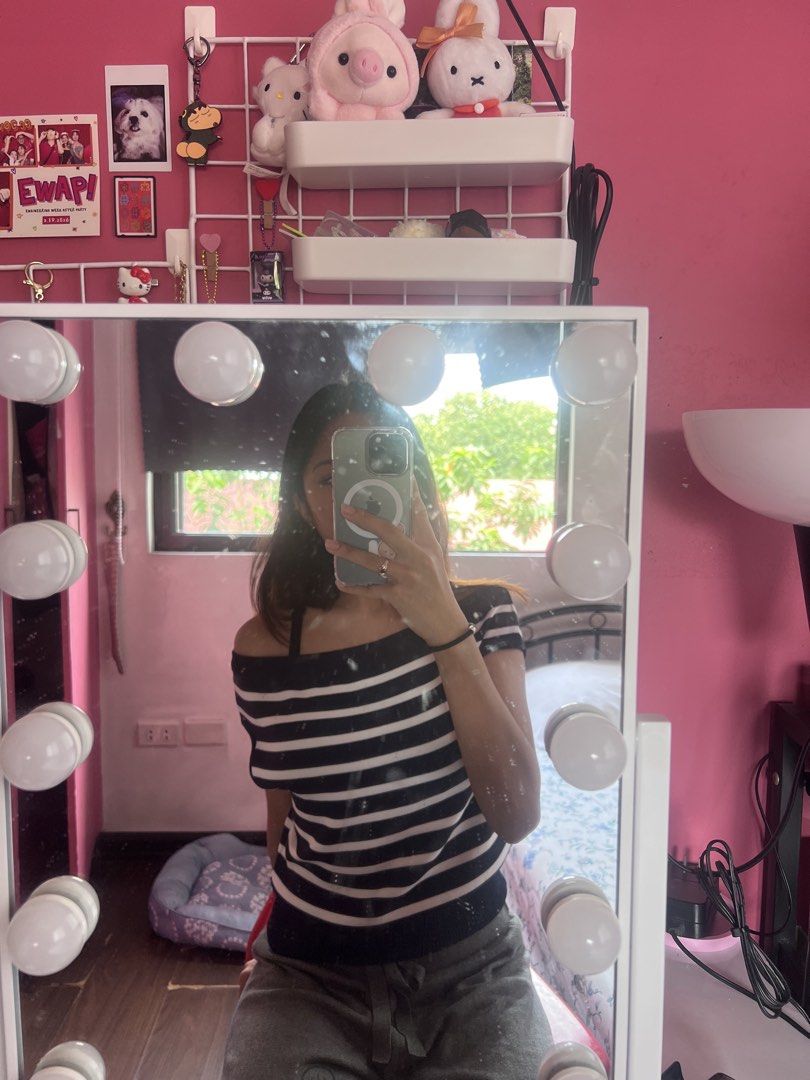 Navy and White Striped Off-Shoulder Top (Category: Blouses) located in Antipolo. Submitted by riesns (Listing ID 1463391520, Image 2). Description: - Cute navy and white striped off-shoulder top - Can be worn on or off the shoulders - Versatile: perfect for casual outings or dressing up - Looks great with skirts or pants - Comfortable fabric.