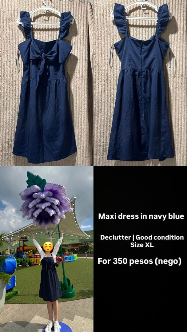 Navy Blue Maxi Dress with Ruffle Straps (Category: Dresses) located in Pasay City. Submitted by christinetek (Listing ID 1463539776, Image 1). Description: - Navy blue maxi dress - Can fit to Size: Medium-XL - Features: Ruffle straps, tie-front detail - Condition: Good (decluttering) - Perfect for: Casual outings, day at the park.