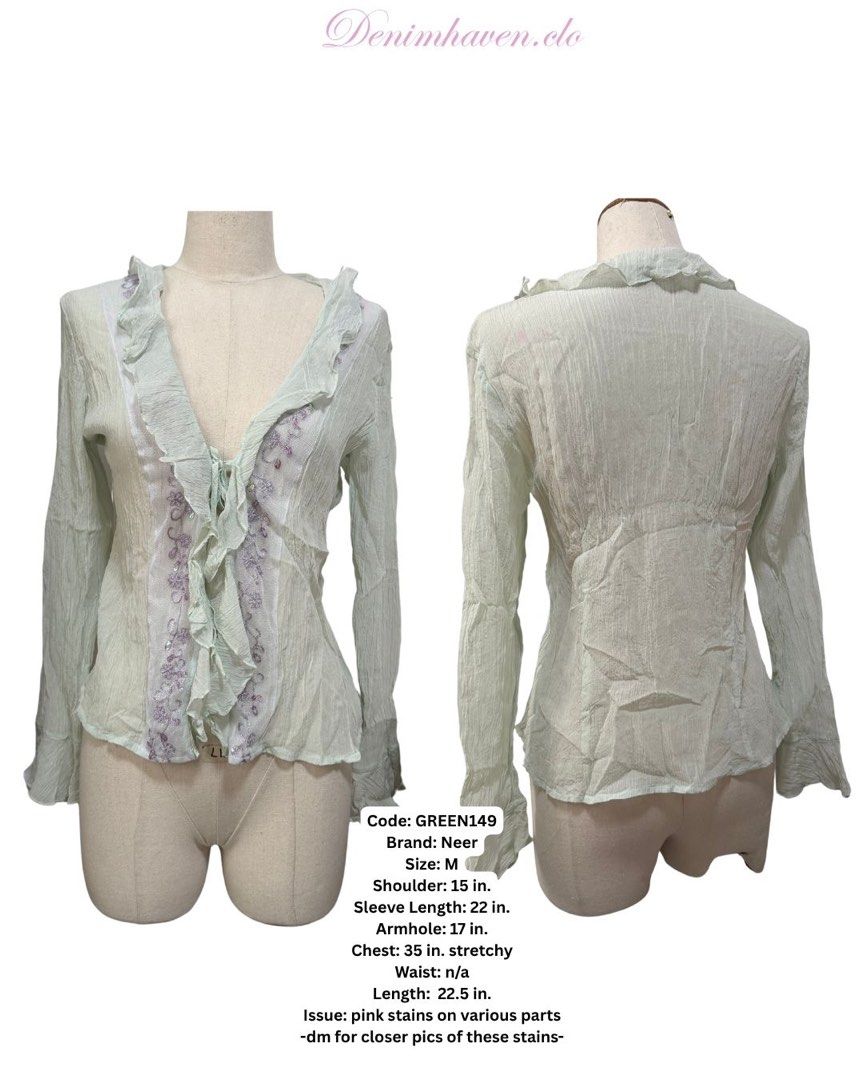 Neer Fairycore Romantic Ruffled Sheer Blouse | Medium (Category: Longsleeves) located in Tagum. Submitted by denimhaven.clo (Listing ID 1463432315, Image 1). Description: Dreamy fairycore sage green textured crinkle blouse with delicate ruffle trims along the deep V-neckline and hem. Features front tie fasteners and subtle lavender floral embroidery along the front placket. Code: GREEN149 Brand: Neer Condition: Pre-loved (Pink stains on various p