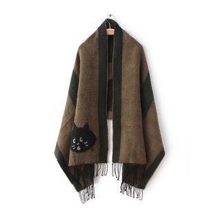 Ne-net Long Scarf (Category: Scarves) located in Baguio. Submitted by pasabuy_999 (Listing ID 1463550207, Image 2). Description: - Cozy scarf with a cute black cat face design. - Features stylish brown and dark green stripes. - Adorned with fringe details on the edges. - Generously sized for comfortable wrapping. - Ideal for cooler weather. - Adds a fun and playful accent to any outfit..