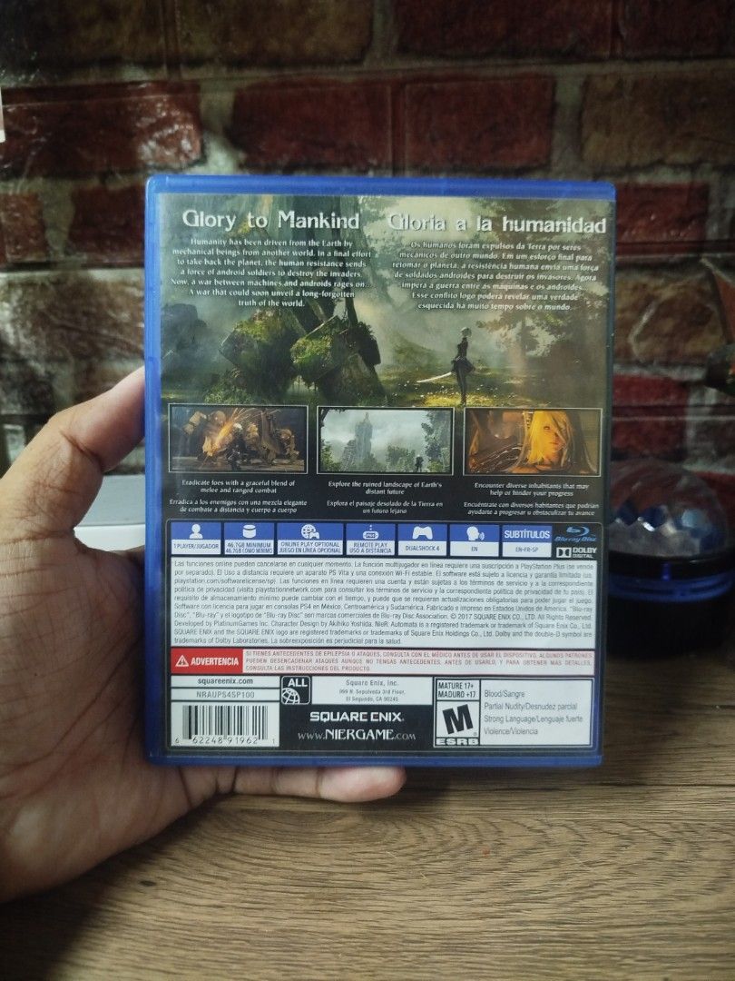 Nier: Automata PS4 Game (Category: PlayStation) located in Binan City. Submitted by pumpkiiin02 (Listing ID 1463347074, Image 2). Description: - Nier: Automata for PlayStation 4 - Comes with original case and disc - Rated M for Mature - Action RPG published by Square Enix - Highly acclaimed gameplay.