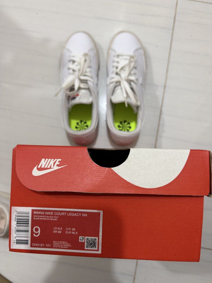 Nike Court Legacy - Used once (Category: Sneakers) located in Calamba. Submitted by lasania (Listing ID 1463423931, Image 2). Description: - White Nike Court Legacy NN sneakers - Women's Size 9 - with original box - used once.