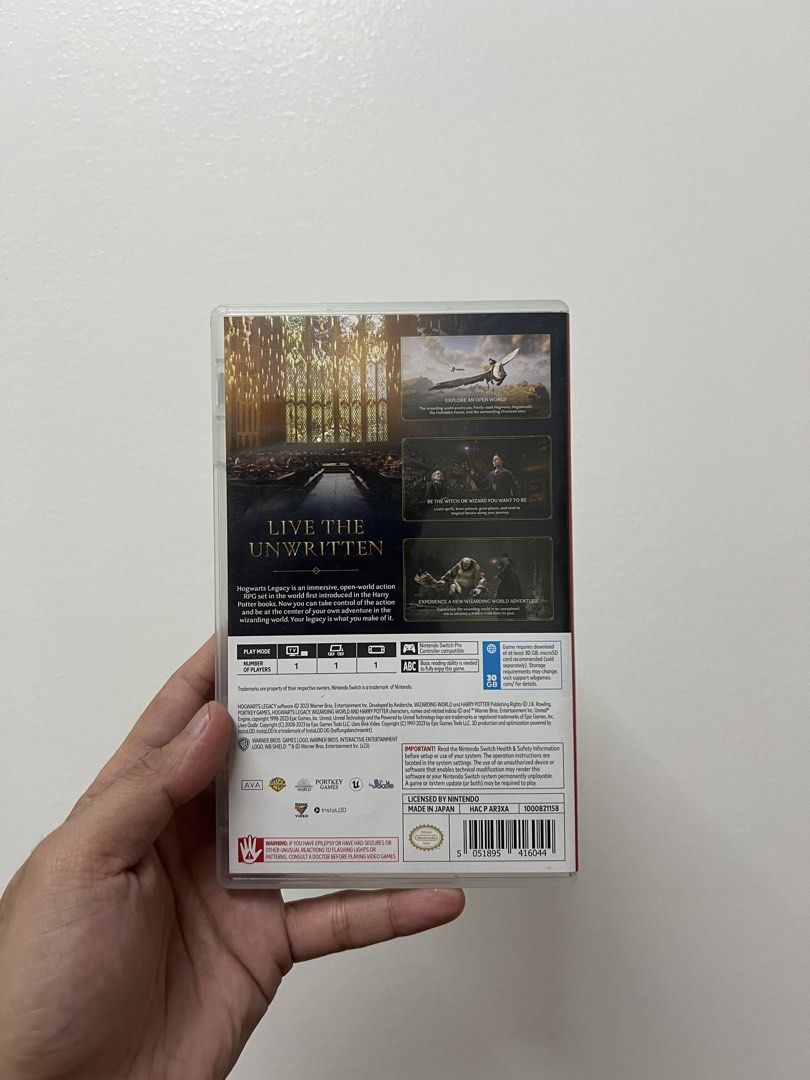 Nintendo Switch Hogwarts Legacy Game (Category: Nintendo) located in Manila. Submitted by thrift_ko_yan (Listing ID 1463389334, Image 3). Description: - Hogwarts Legacy for Nintendo Switch - Explore the wizarding world and live the unwritten. - Link your Harry Potter Fan Club account for exclusive rewards. - Download required (see back for details). - Region: USA.