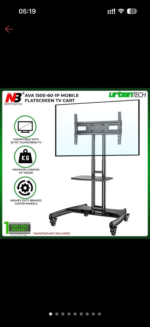 North Bayou Mobile Flat Screen/TV Rack (Category: TV) located in Caloocan City. Submitted by freegem.82752e (Listing ID 1463459887, Image 3). Description: - Fits 32" to 70" screens - Adjustable height: 1200mm to 1500mm - Built-in shelf for devices - Smooth-rolling casters for easy mobility - Maximum load capacity: 100lbs - Ideal for presentations, classrooms, or home entertainment - Stable and durable 🔖 PHP 1,400 📍Location: Brgy. Sangandaan, QC
