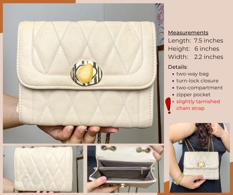 Off White/ Beige Quilt (Code: B258) (Category: Clutches) located in Mandaluyong City. Submitted by thriftandiapreloved (Listing ID 1463439422, Image 1). Description: Items are used/preloved/ukay2x, in good or slightly used condition. Please check remarks in RED font color for the flaws observed. If none indicated, none observed po. Measurements are also indicated in the photo. Thank you! .