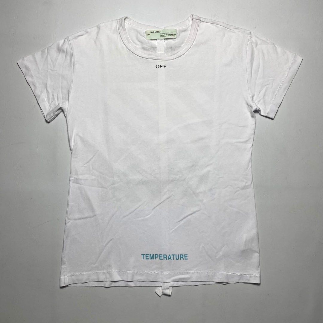 OFF WHITE TEMPERATURE TEE (Category: Tshirts & Polo Shirts ) located in Manila. Submitted by valuable_rags (Listing ID 1463435459, Image 1). Description: OFF WHITE TEMPERATURE TEE CONDITION: EXCELLENT SIZE : MEDIUM DIMENSION: W21 x L28 ISSUE: NONE .