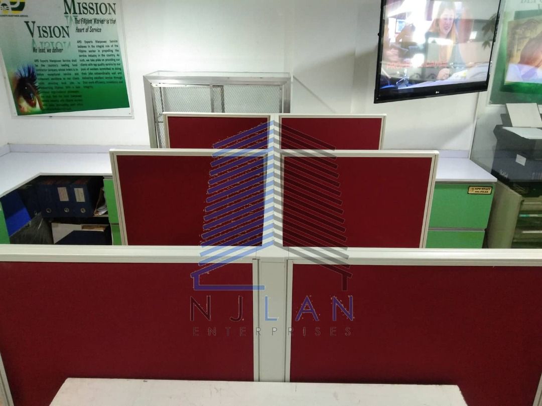 Office Workstations Cubicles - Burgundy Fabric Panels (Category: Office Furniture & Fixtures) located in Caloocan City. Submitted by boldwind_7b70cf (Listing ID 1463385321, Image 3). Description: - Set of office workstations - Burgundy fabric partitions - Light wood desk surfaces - Built-in cable management cutouts - Ideal for creating individual workspaces - Sold as a complete set - Inquire for questions.